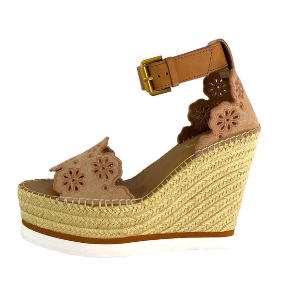 See By Chloe Shoes - See By Chloe Wedge Espadrille Sandals Light Pink Laser Cut Suede Size EU 39